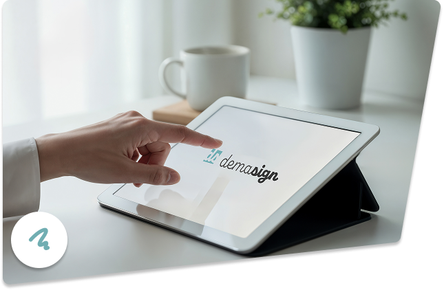 Tablette affichant le logo DemaSign dans un espace de travail, qui illustre le service DemaSign pour la signature électronique sur tablette